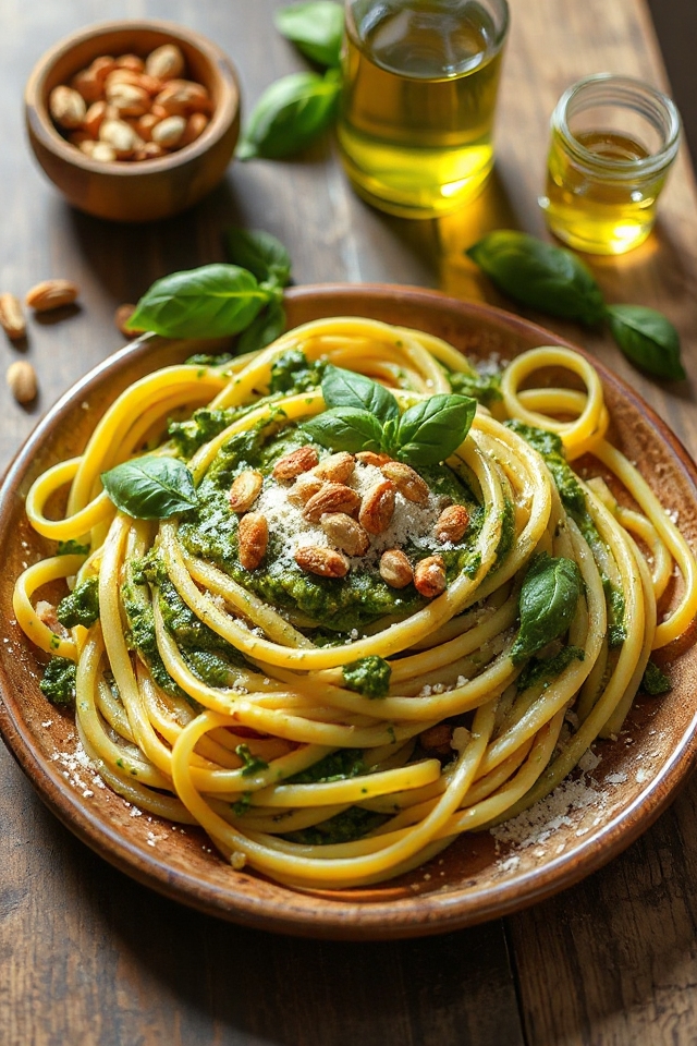 vegetarian pesto linguine dish